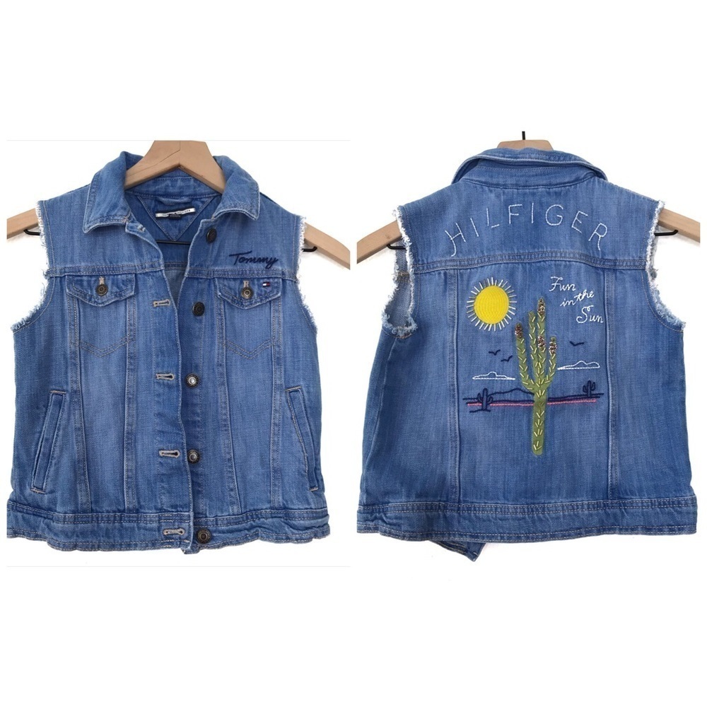 TOMMY HILFIGER Jean Denim Embroidered Beaded Vest Girls M